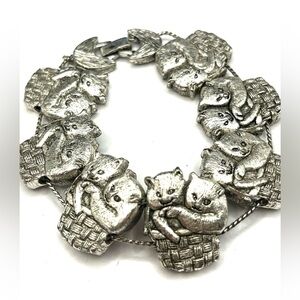 Vintage Cat Bracelet Yechang Sliding Charm Kittens in a Basket Silver Tone